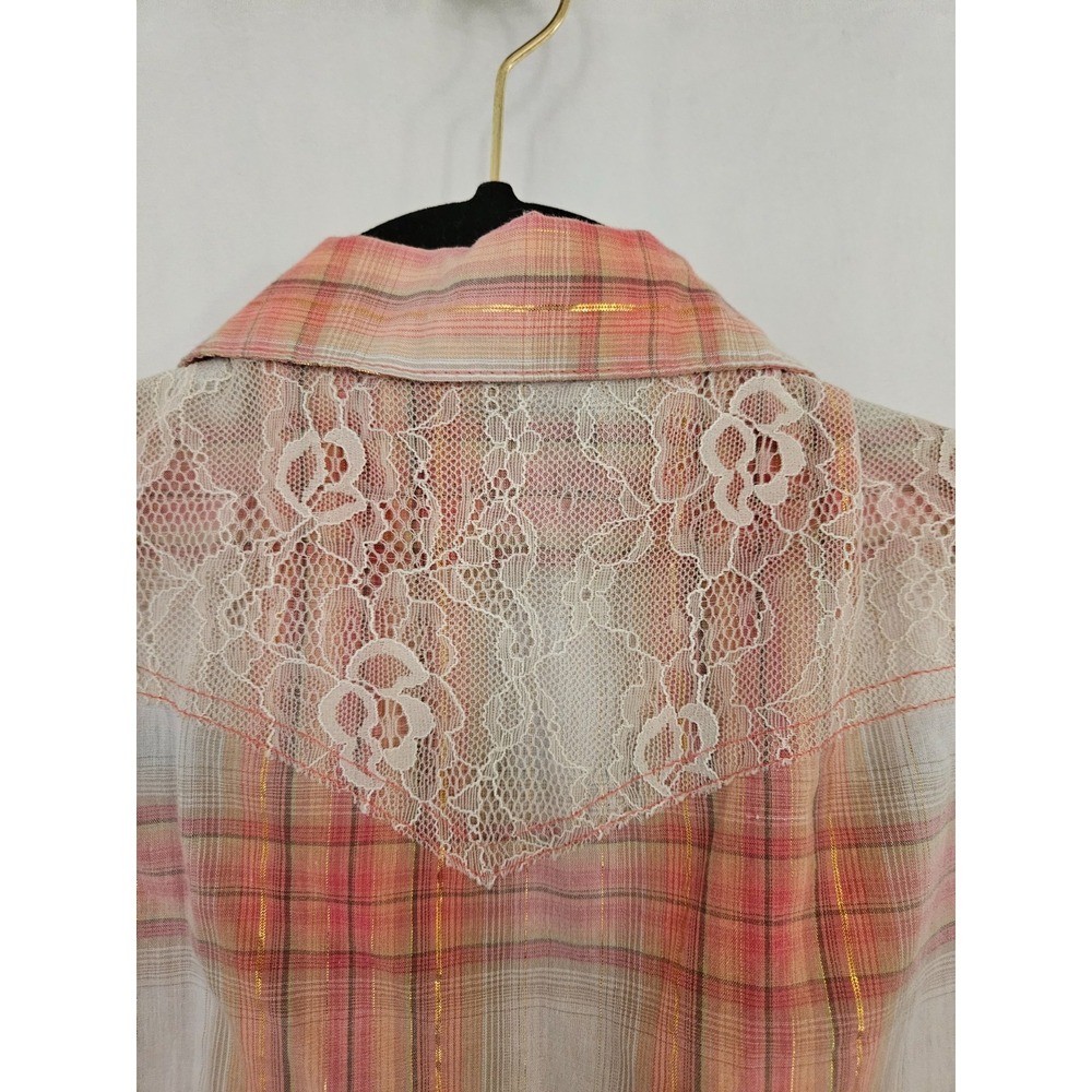 Wrangler Pearl Snap Button Down Plaid Sleeveless Lace Women's Size Med Top - Picture 6 of 8